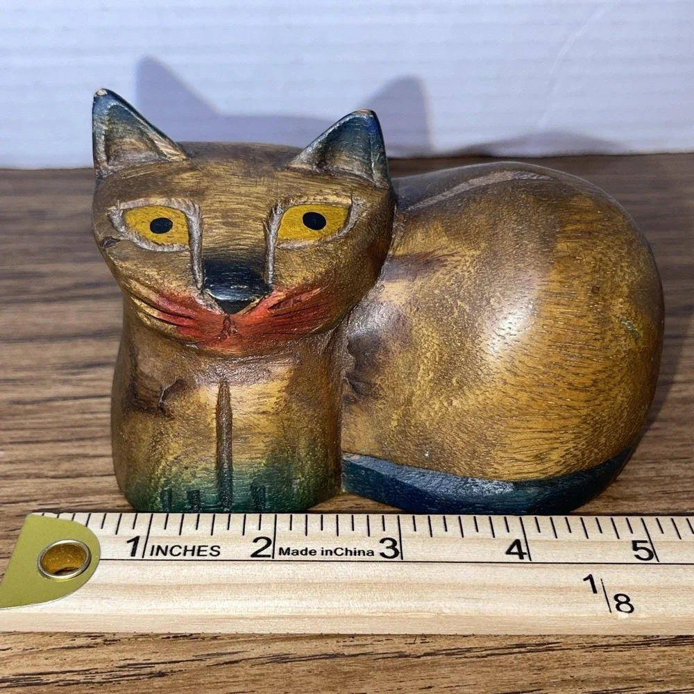 Vintage Hand Carved Wood Cat Shelf Sitter -‎ 1980s Siamese Folk Art